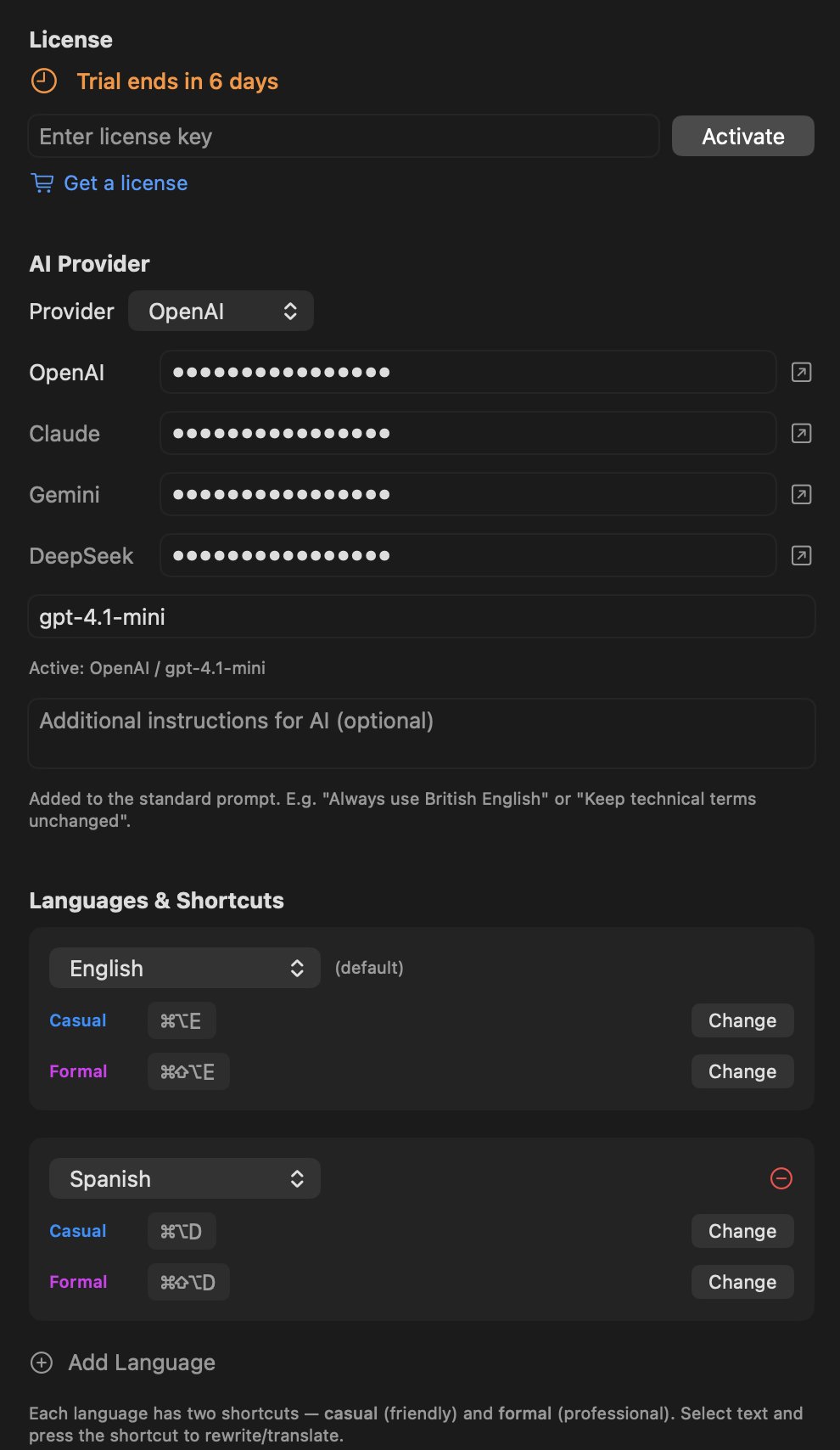 Settings Panel