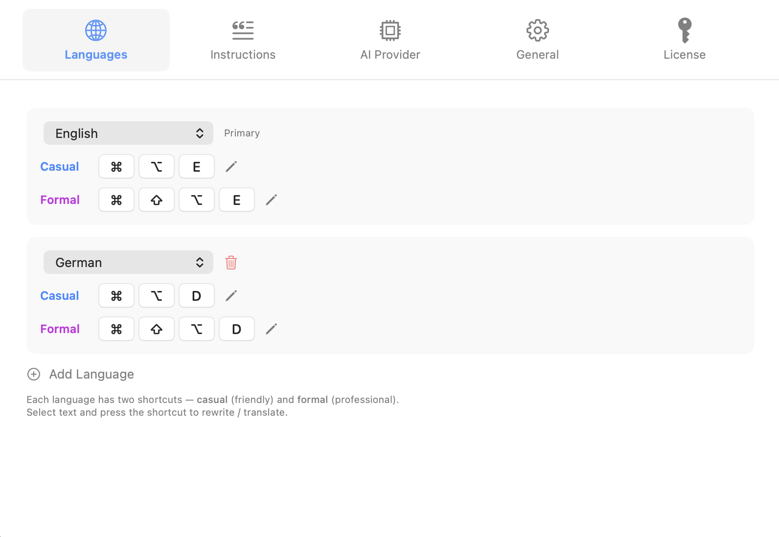GrammaticAI tone settings on macOS showing casual and formal options per language